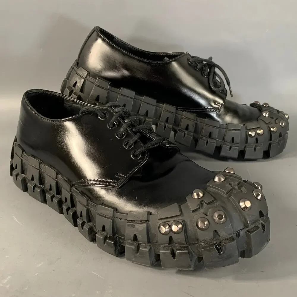 PRADA FW2019 Size 9 Black Gunmetal Studded Leather Cap Toe Lace Up Shoes